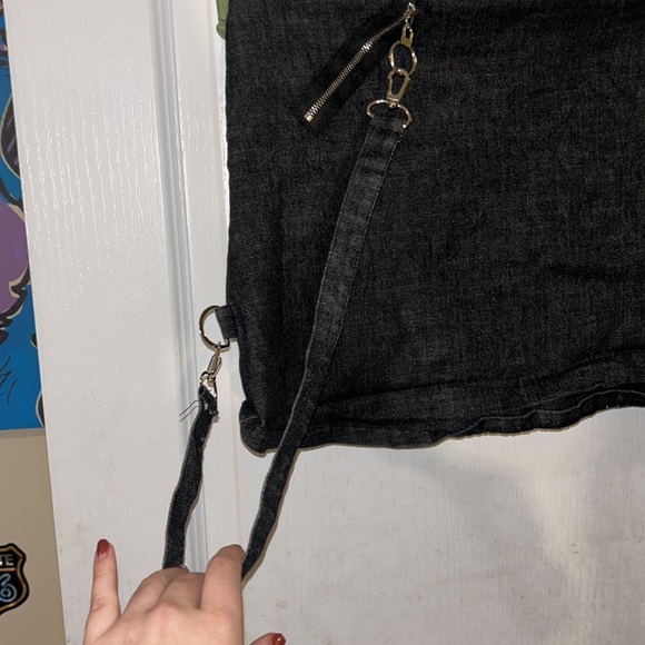 GOTHIC PUNK SUSPENDER DARK GREY BODYCON SKIRT WITH SILVER DETAILS - Picture 2 of 8